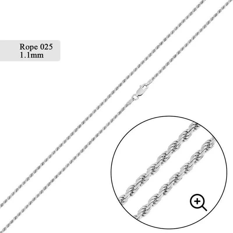 925 Sterling Silver 1.1mm High Polished Rope Chain..