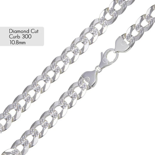 10.8MM 925 Sterling Silver 1 Side Diamond Cut 1 Side Plain Chain..