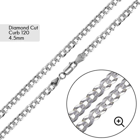 4.5MM 925 Sterling Silver Curb 1 Side Diamond Cut 1 Side Plain Chain