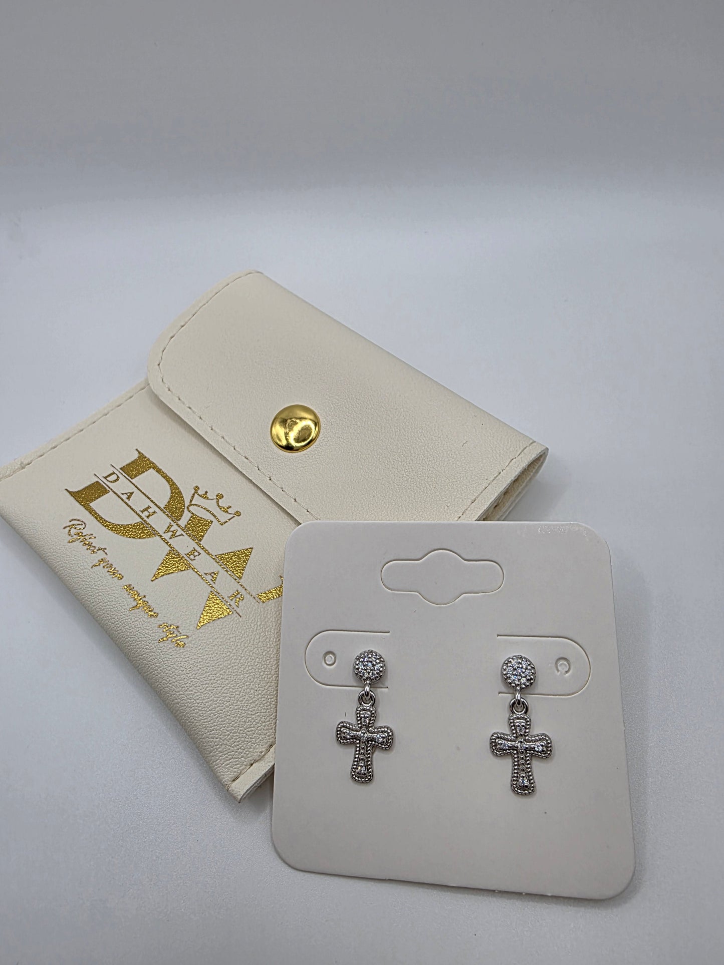 925 Sterling Silver Hanging Cross CZ Earrings