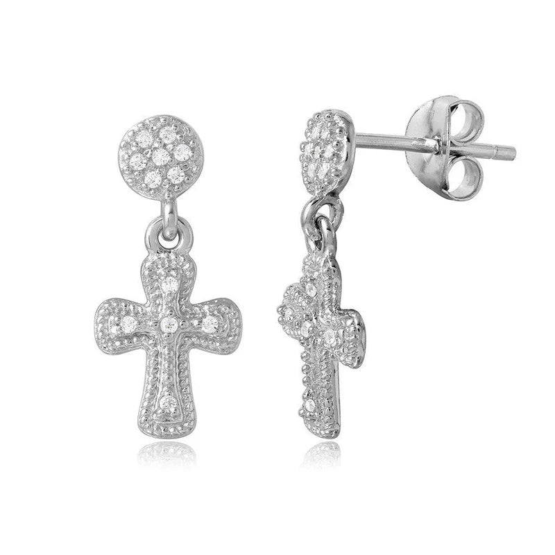 925 Sterling Silver Hanging Cross CZ Earrings