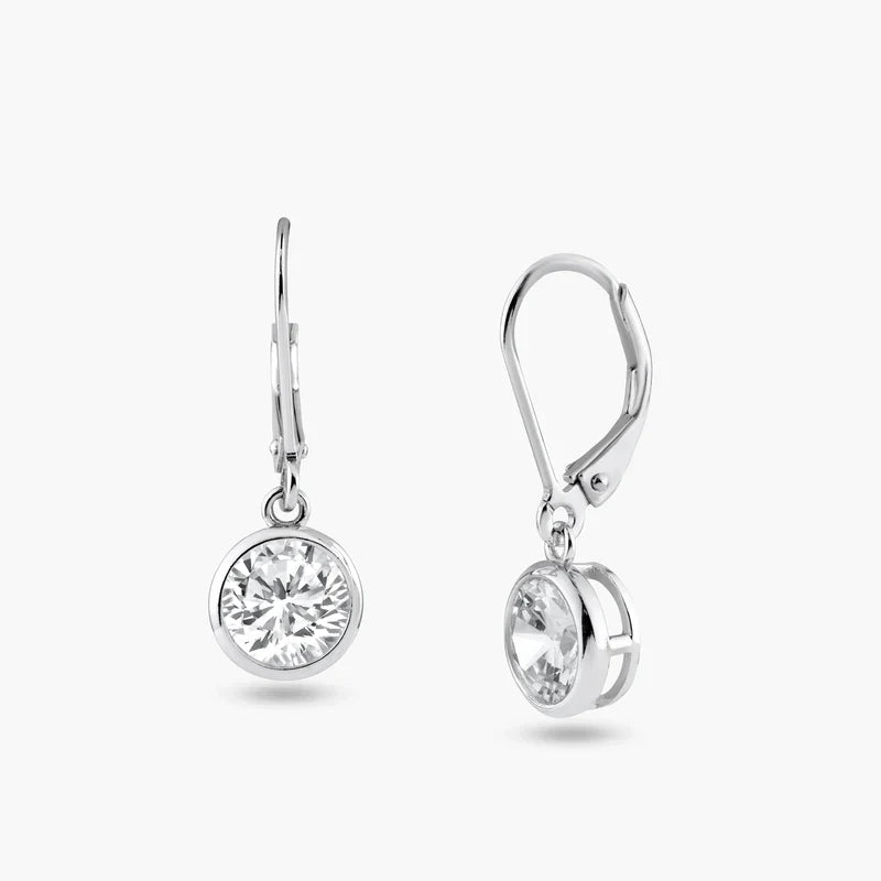 925 Sterling Silver Rhodium Plated Round Clear CZ Dangling Hook Earrings