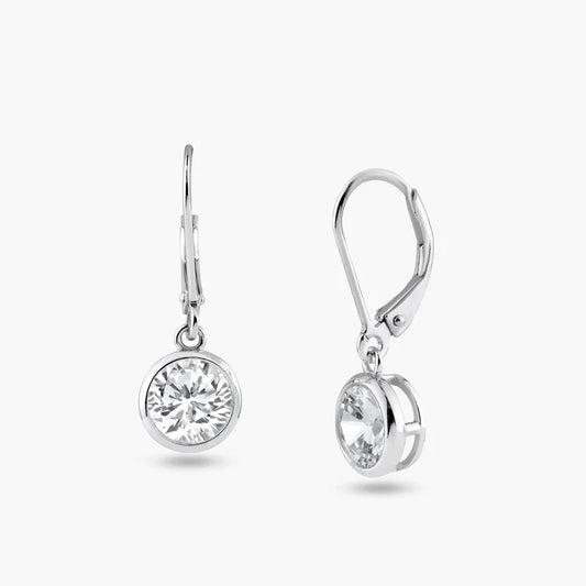 925 Sterling Silver Rhodium Plated Round Clear CZ Dangling Hook Earrings