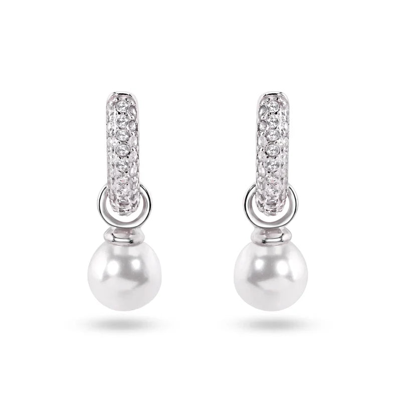 925 Sterling Silver Dangling Pearl Clear CZ Hoop Earrings