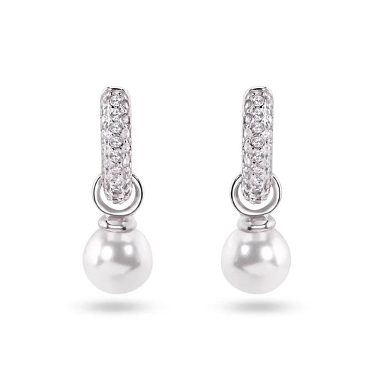 925 Sterling Silver Dangling Pearl Clear CZ Hoop Earrings