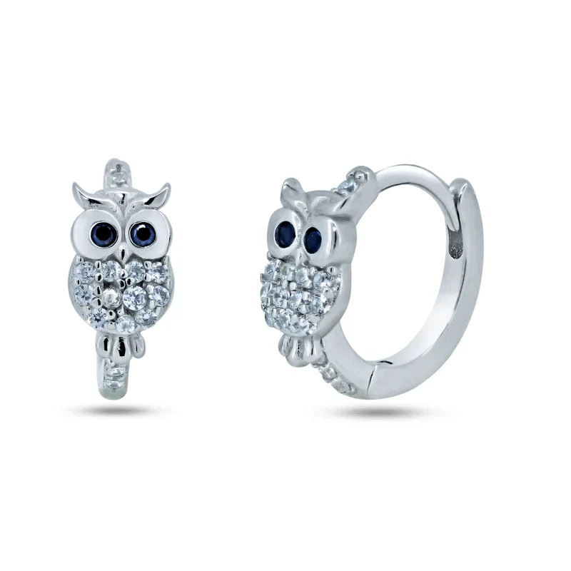 925 Sterling Silver Pave  Huggie Owl Hoop Earrings..