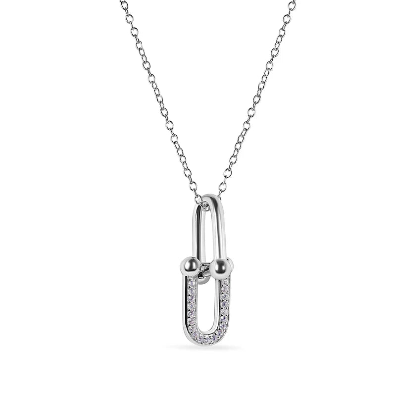 925 Sterling Silver Round Bow Paperclip Clear CZ Necklace and Hoop Earring Matching Set
