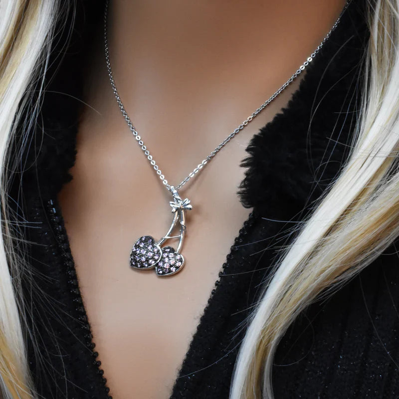 925 Sterling Silver 925 Lavender CZ Rhodium and Black Cherry Pendant Necklace
