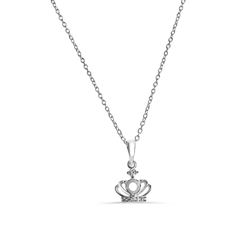 925 Sterling Silver Rhodium Plated Crown Mounting Clear CZ Necklace