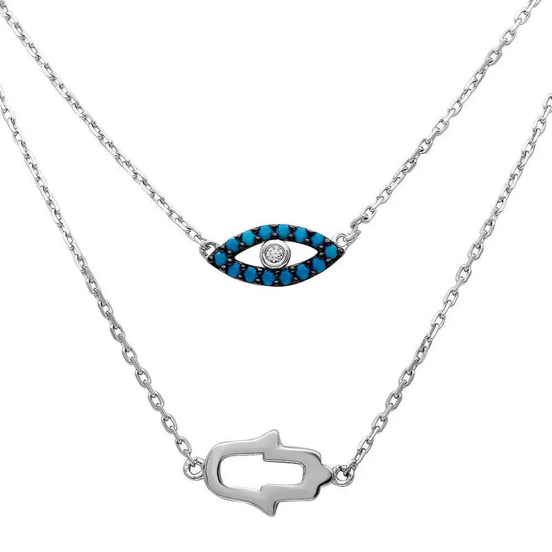 925 Sterling Silver Hamsa Hand and Evil Eye Necklace