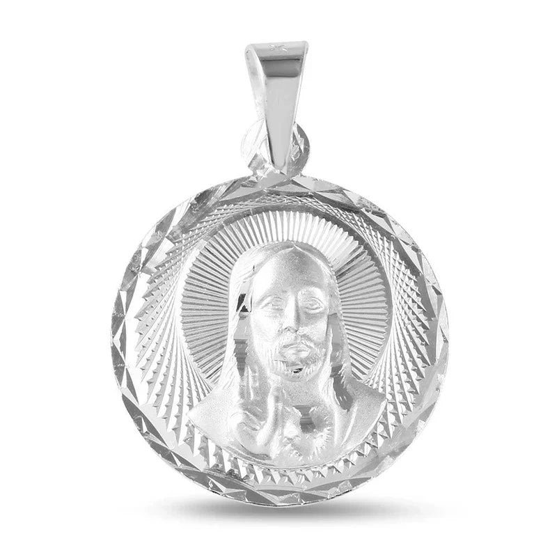 925 Sterling Silver Round High Polished Diamond Cut Jesus Medallion