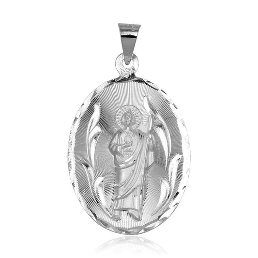 925 Sterling Silver High-Polished Oval St. Jude Medallion Pendant..