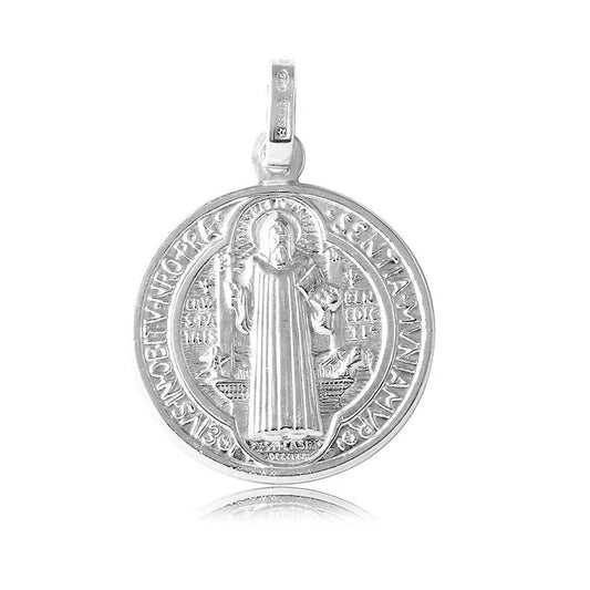 925 Sterling Silver High Polished Saint Benedict Medallion 25mm Pendant..
