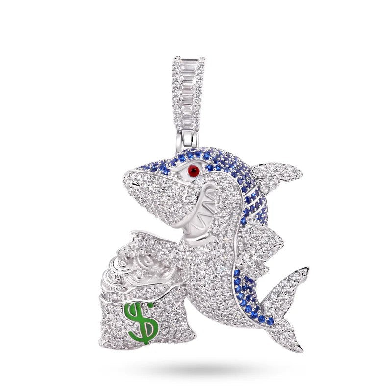 925 Sterling Silver Money Bag Shark Greed Clear and Blue CZ Pendant..