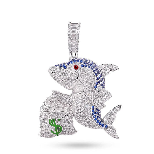 925 Sterling Silver Money Bag Shark Greed Clear and Blue CZ Pendant..