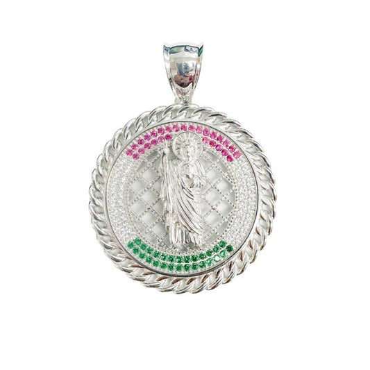 925 Sterling Silver Saint Jude Clear Green and Red CZ 35mm Pendant..
