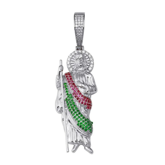 925 Sterling Silver Multi Color CZ St Jude Hip Hop Pendant..