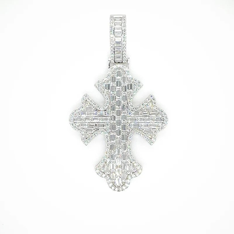 925 Sterling Silver 52.6mm Fleur De Lis Cross Baguette Cut Clear CZ Pendant..
