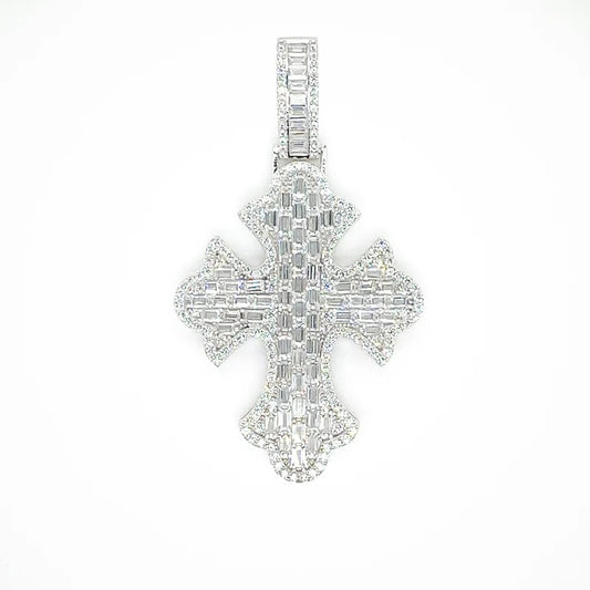 925 Sterling Silver 52.6mm Fleur De Lis Cross Baguette Cut Clear CZ Pendant..