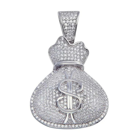925 Sterling Silver CZ Money Bag Hip Hop Pendant..