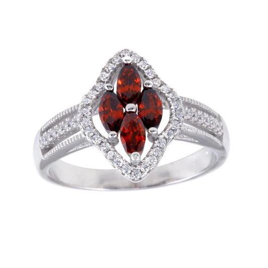 925 Sterling Silver 4 Red Marquise Center CZ Ring