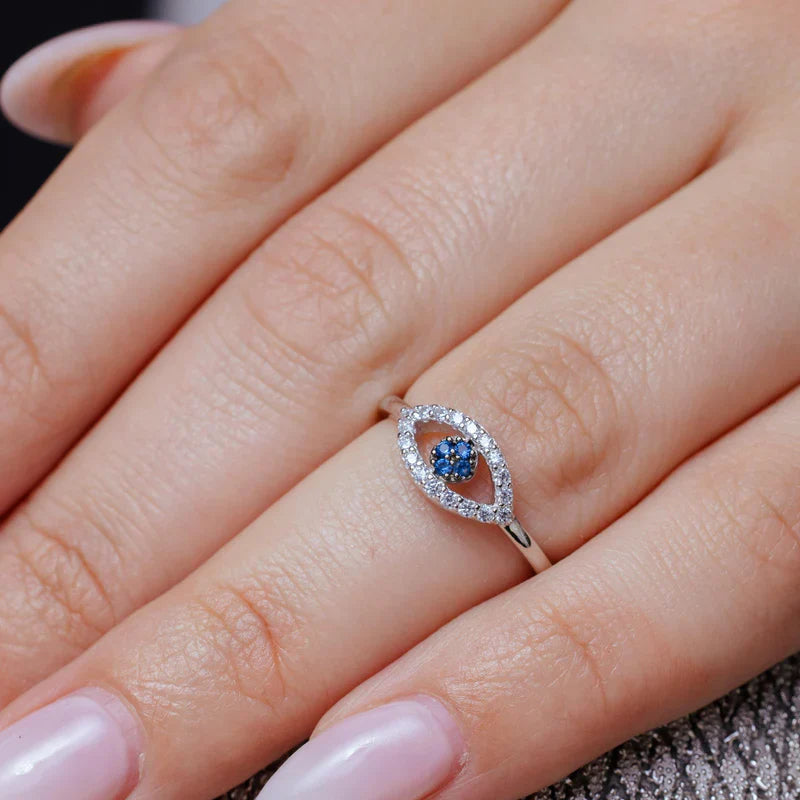 925 Sterling Silver Blue and Clear CZ Evil Eye Ring