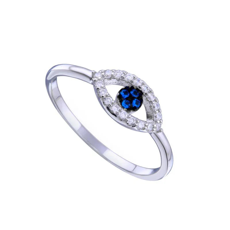 925 Sterling Silver Blue and Clear CZ Evil Eye Ring