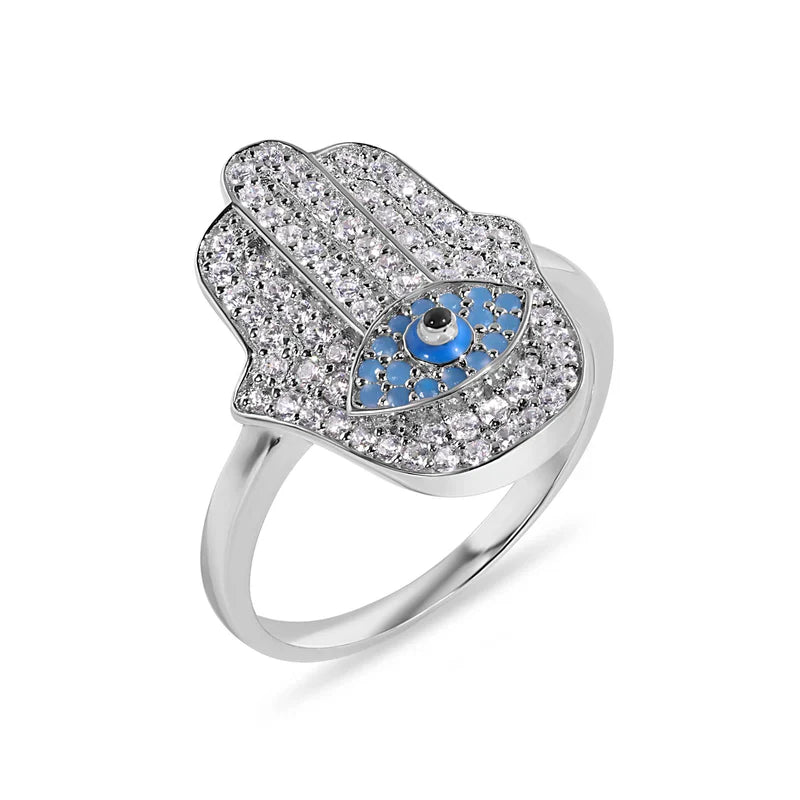 925 Sterling Silver Hamsa Evil Eye Clear Turquoise CZ Studded 18.6mm Ring..