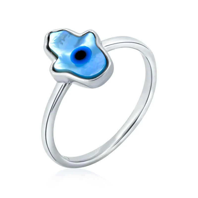 925 Sterling Silver Hamsa Evil Eye Mother of Pearl Ring