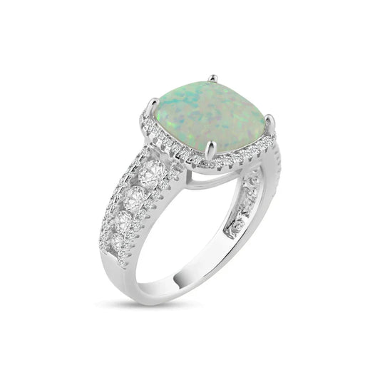 925 Sterling Silver Opal Stone With CZ Ring