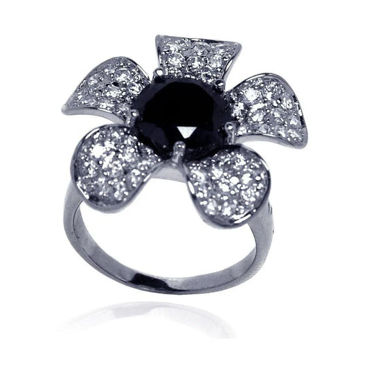 925 Sterling Silver Black Center Pave Set Clear CZ Flower Ring