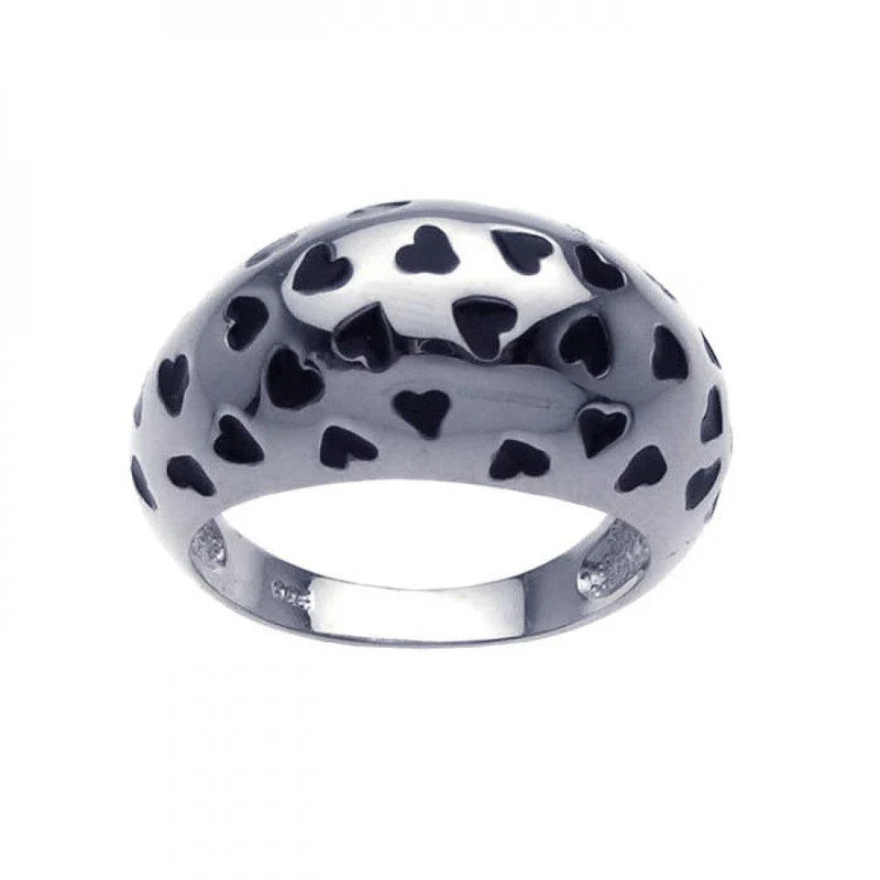 925 Sterling Silver Black Enamel Heart Dome Ring..
