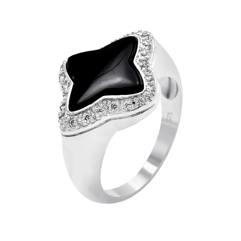 925 Sterling Silver Onyx Center Clear Cluster Border CZ Flower Ring