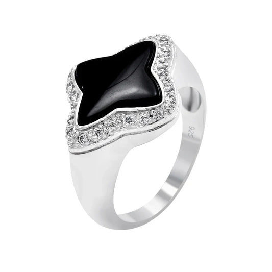925 Sterling Silver Onyx Center Clear Cluster Border CZ Flower Ring