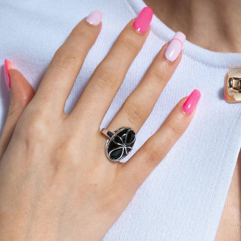 925 Sterling Silver Black Onyx Script Cross Ring
