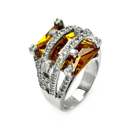 925 Sterling Silver Large Champagne CZ Ring