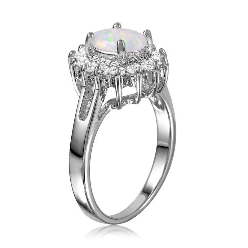 925 Sterling Silver 925 Rhodium Plated Oval Halo Ring with Synthetic Opal Center Stone