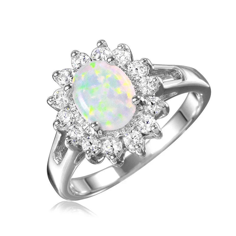 925 Sterling Silver 925 Rhodium Plated Oval Halo Ring with Synthetic Opal Center Stone