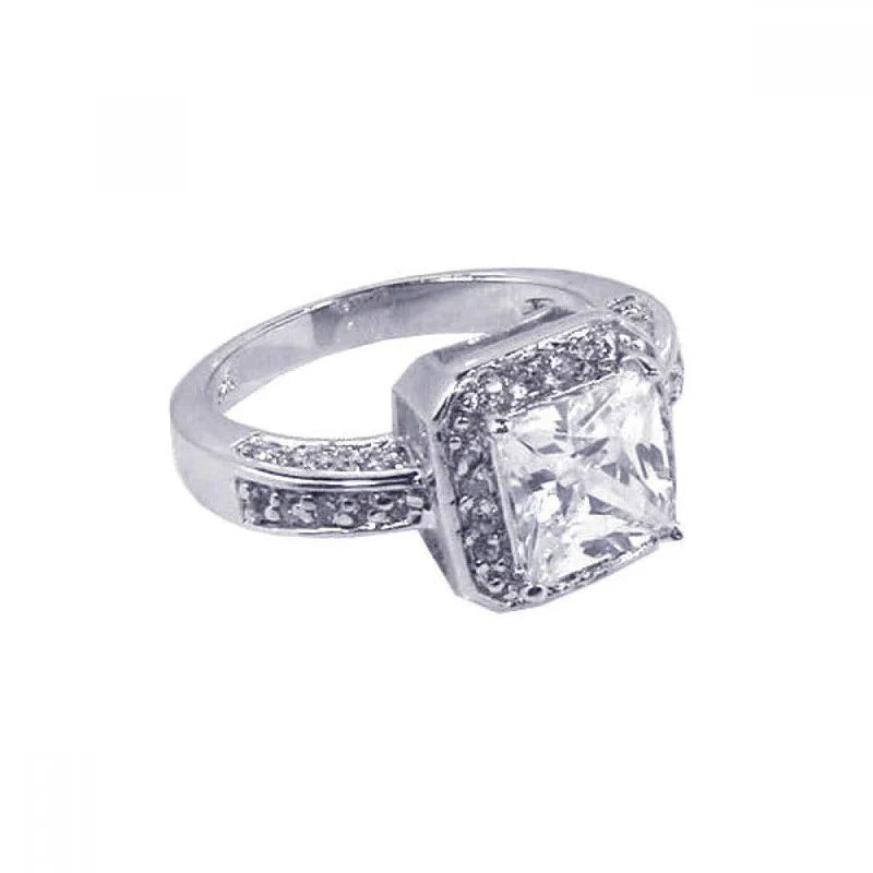 925 Sterling Silver Square Center Cluster CZ Ring