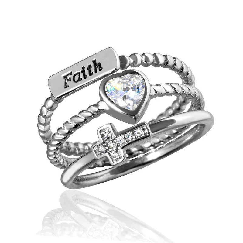 925 Sterling Silver Triple Band Faith Heart Cross Ring with CZ