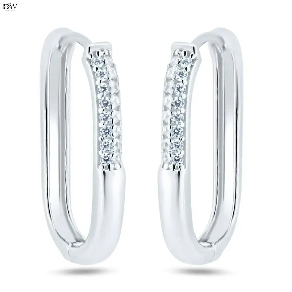 Rhodium 925 Sterling Silver CZ Oval Hoop Earrings Earrings