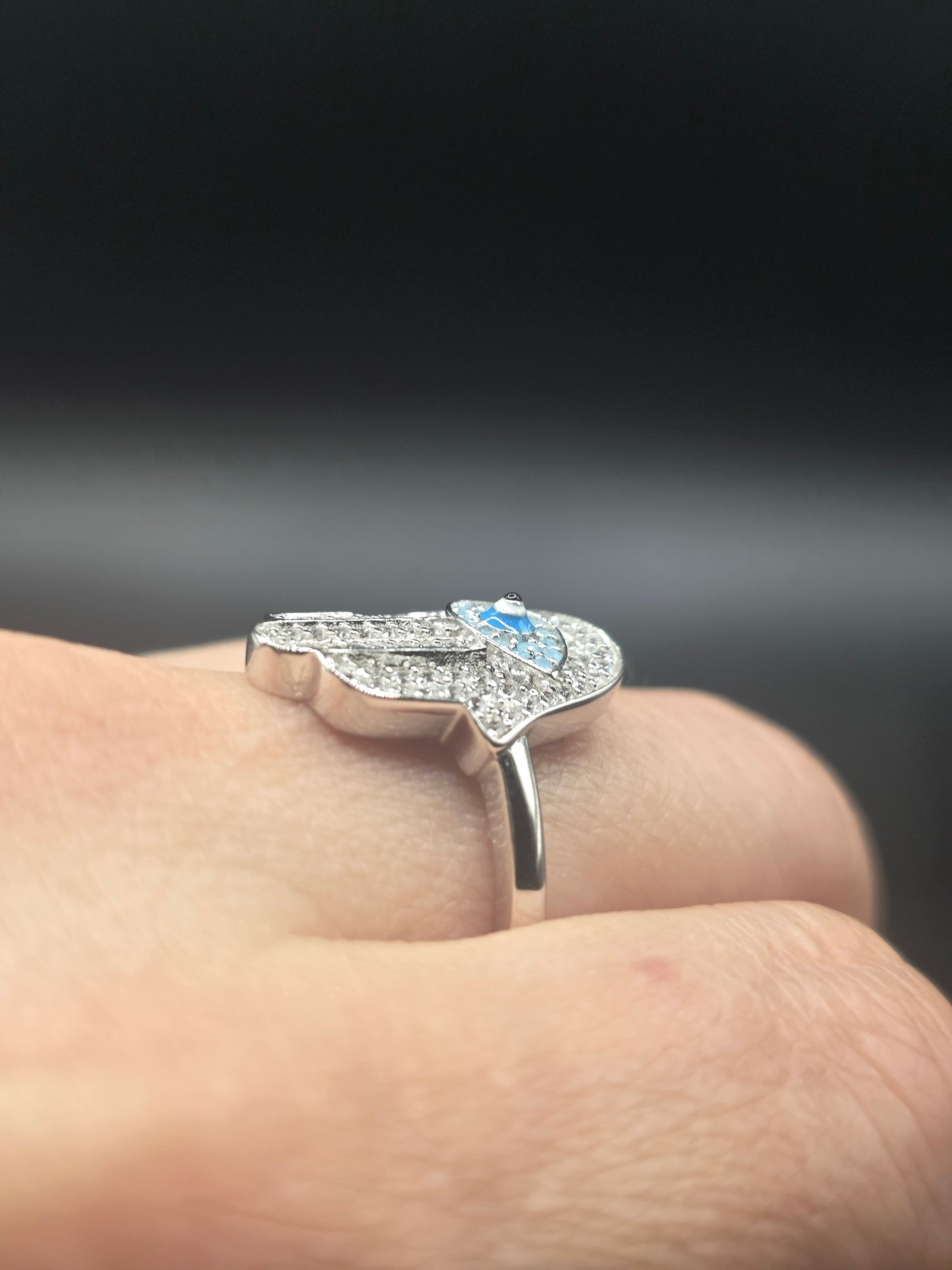 925 Sterling Silver Hamsa Evil Eye Clear Turquoise CZ Studded 18.6mm Ring..