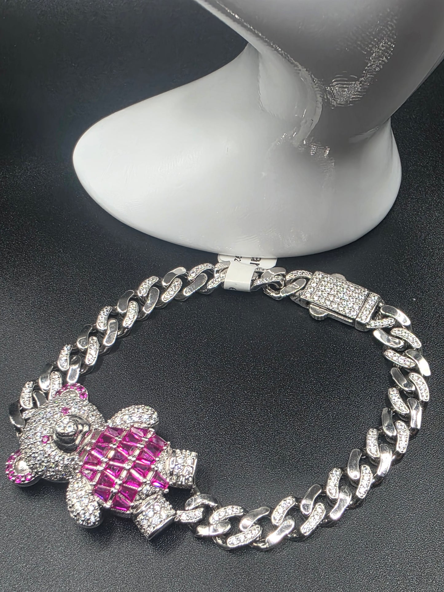 6.4MM 925 Sterling Silver Cuban Link Teddy Bear Baguette Pink and Round Clear CZ Studded Bracelet..