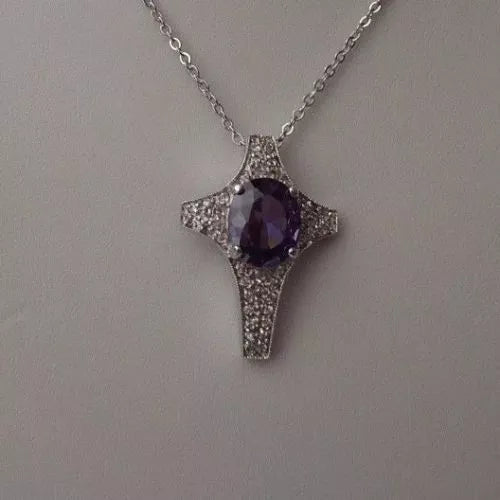 925 Sterling Silver Tanzanite CZ Rhodium Plated Cross Pendant Necklace