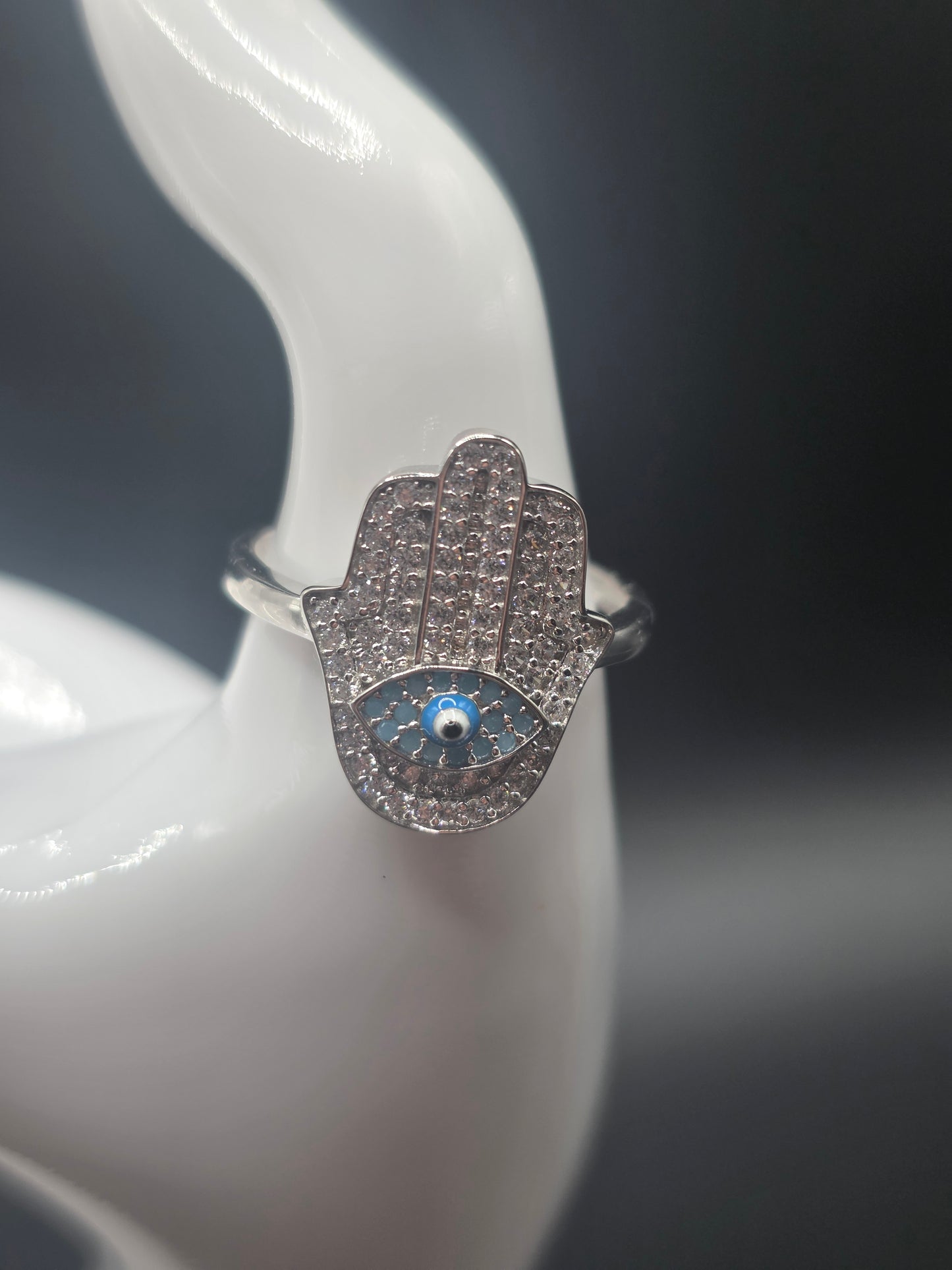 925 Sterling Silver Hamsa Evil Eye Clear Turquoise CZ Studded 18.6mm Ring..