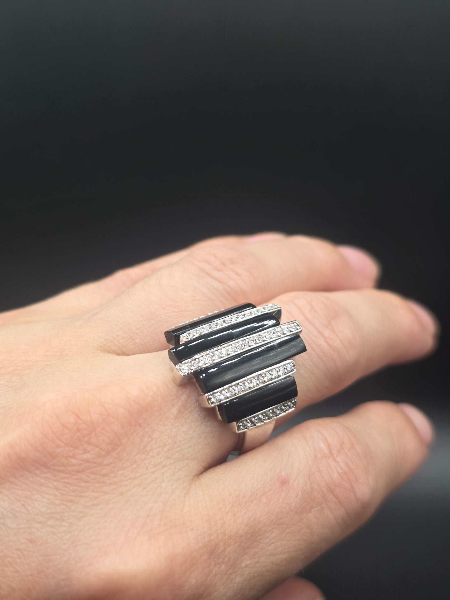 925 Sterling Silver Multiple Onyx Clear CZ Bars Ring