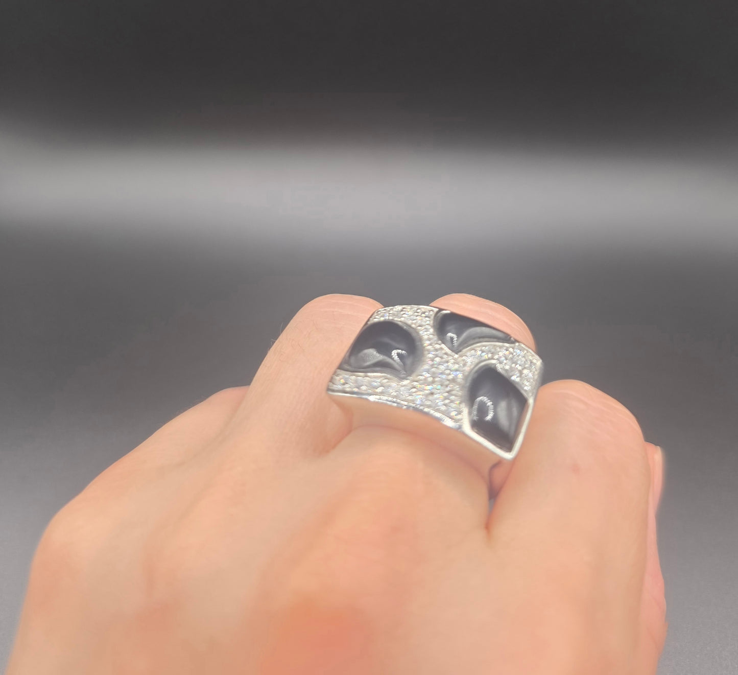 925 Sterling Silver Black Onyx Clear Pave Set CZ Square Ring