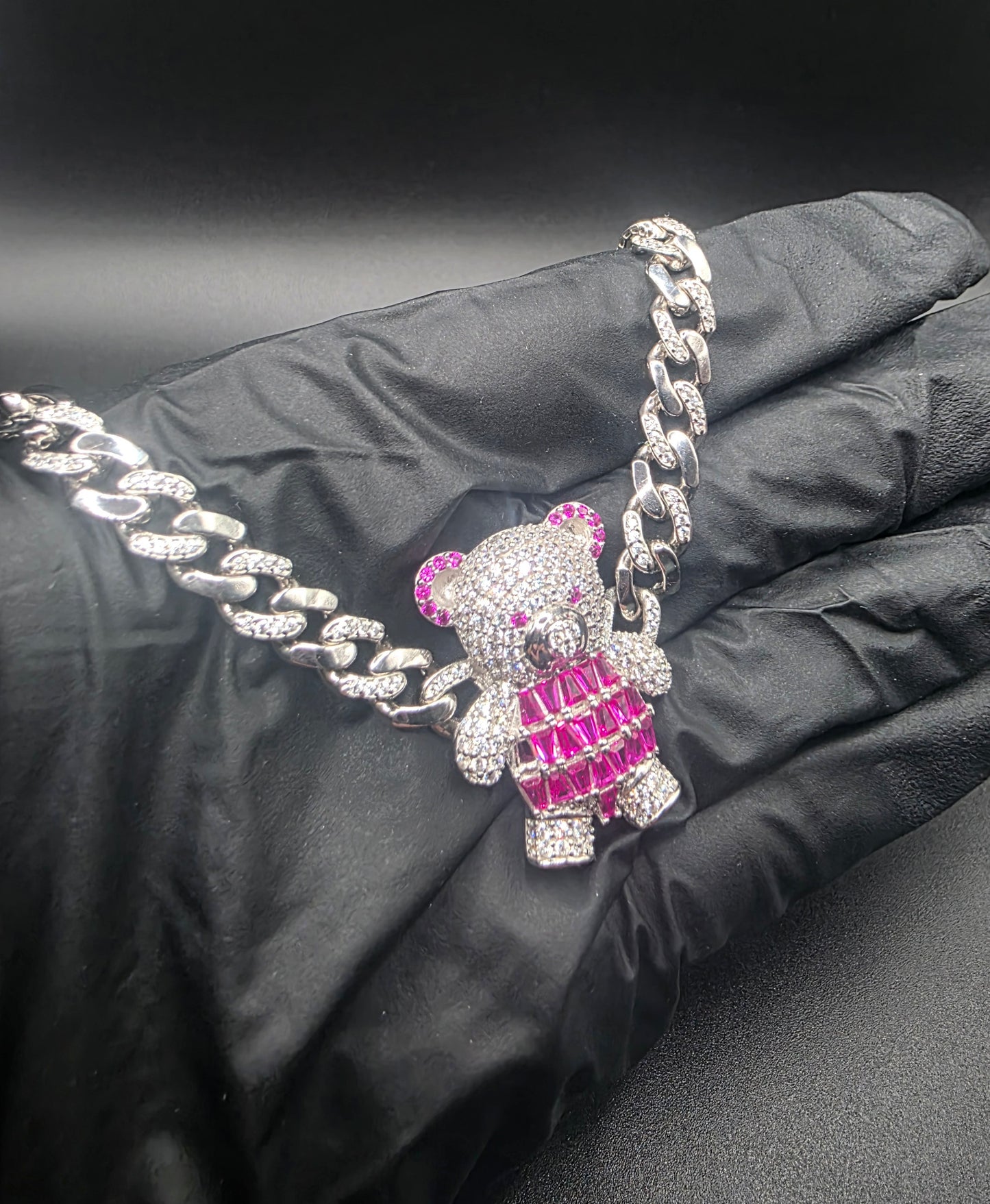 7MM 925 Sterling Silver Teddy Bear Baguette Pink and Clear CZ Encrusted Miami Cuban Link Chain..