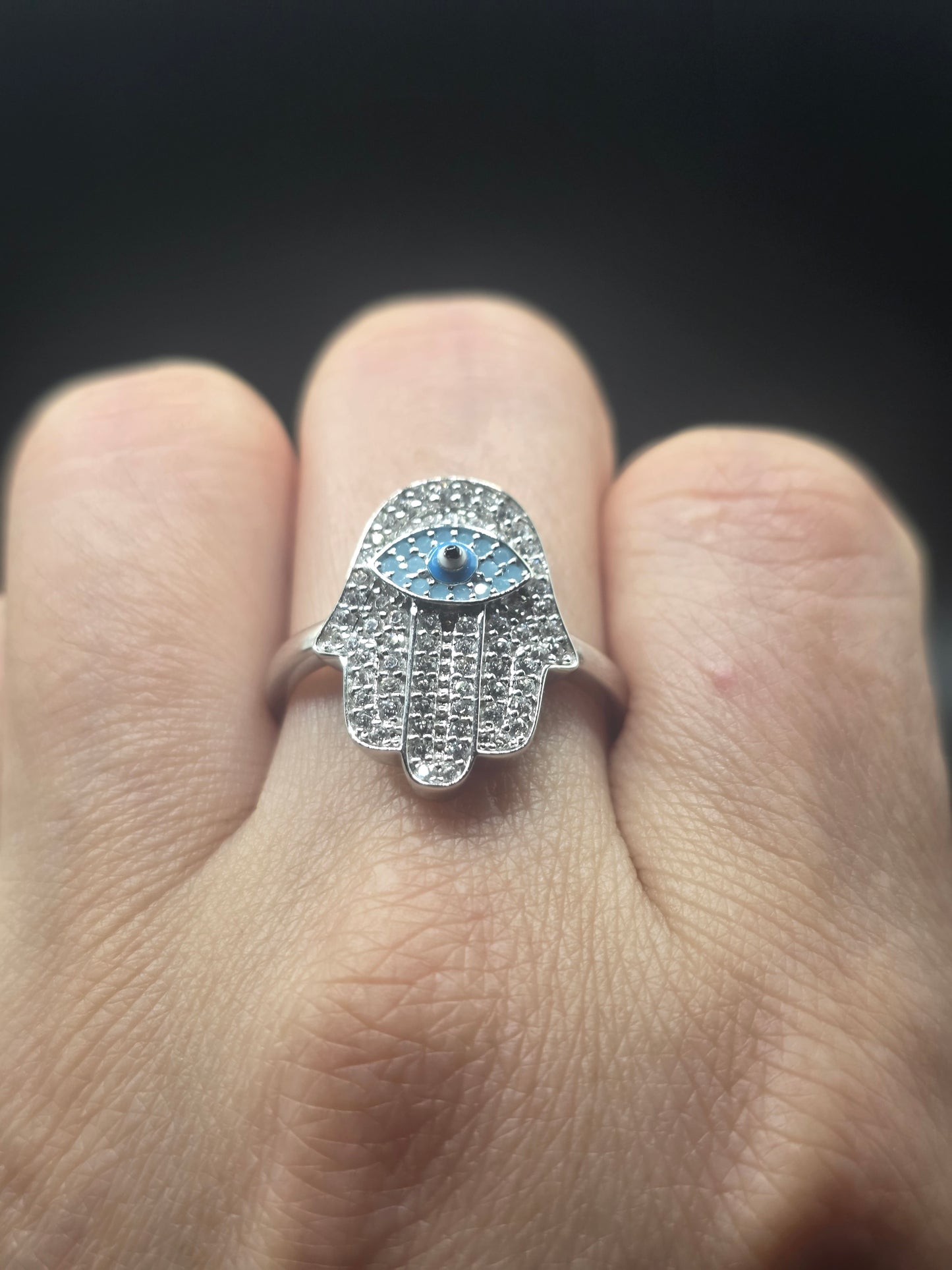 925 Sterling Silver Hamsa Evil Eye Clear Turquoise CZ Studded 18.6mm Ring..