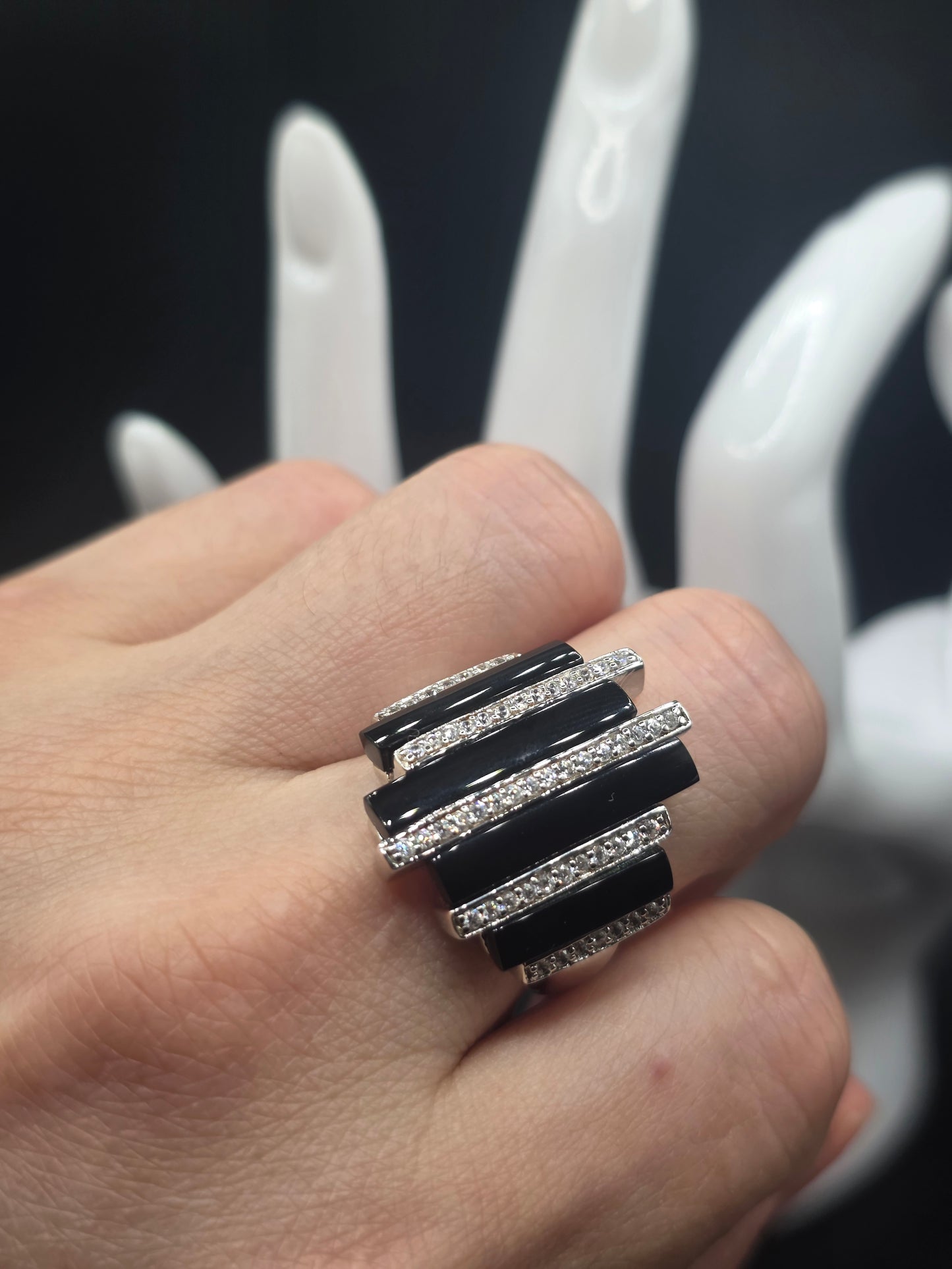 925 Sterling Silver Multiple Onyx Clear CZ Bars Ring